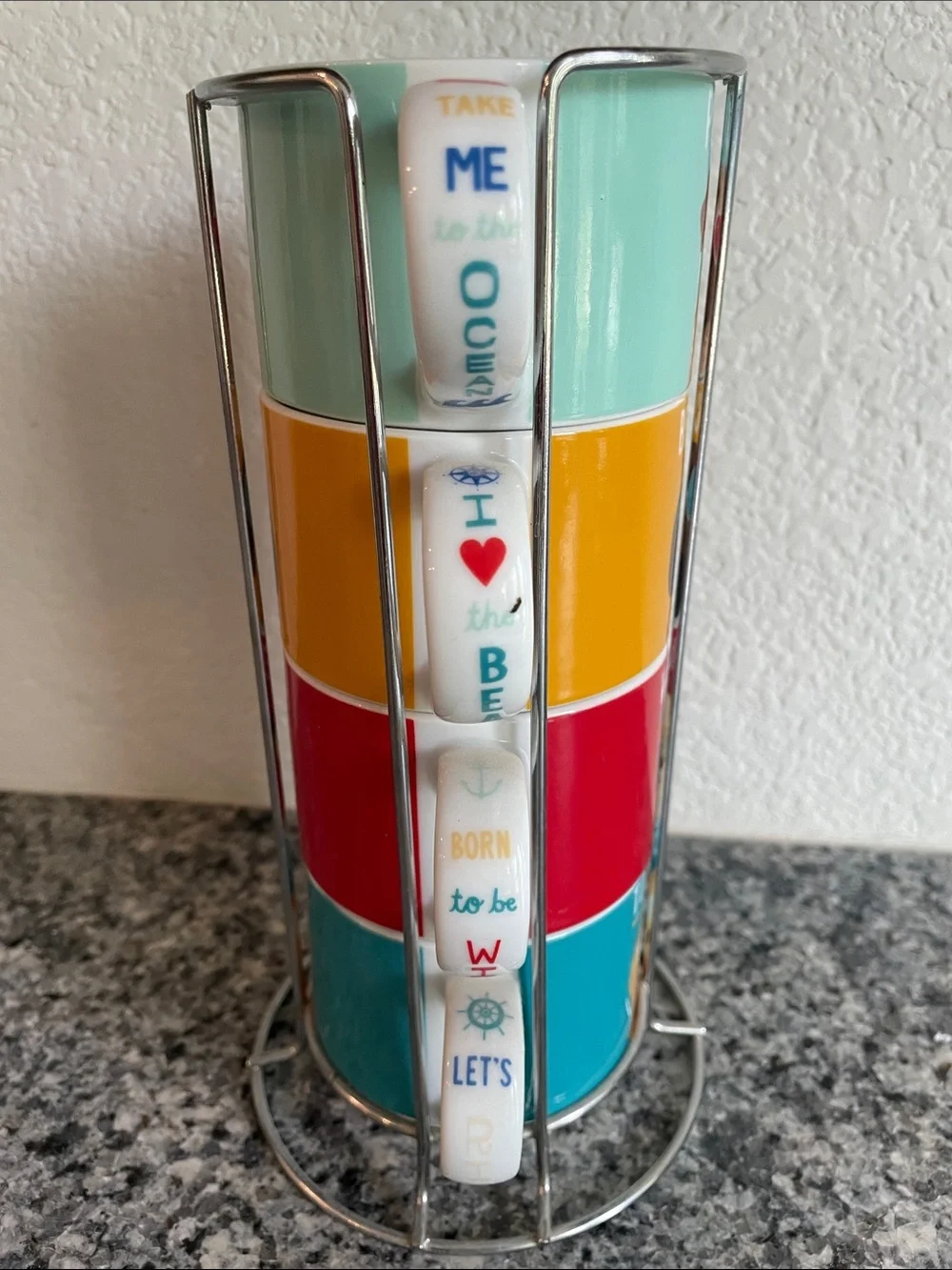 Pier 1 Stackable Dog Face Espresso Mugs in Mint, Yellow, Red, Teal